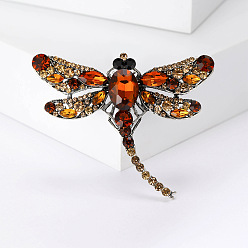 Dark Orange Alloy Brooches, Rhinestone Pin, Jewely for Women, Dragonfly, Dark Orange, 50x62mm