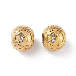 Letter K 304 Stainless Steel Rhinestone European Beads, Round Large Hole Beads, Real 18K Gold Plated, Round with Letter, Letter K, 11x10mm, Hole: 4mm