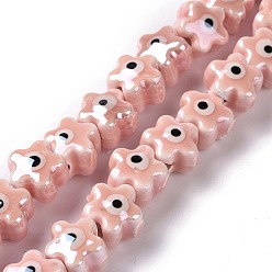 Pink Handmade Porcelain Ceramic Beads Strands, Famille Rose Style, Star with Evil Eye, Pink, 10.5x11x8mm, Hole: 3mm, about 32pcs/strand, 11.89~12.13 inch(30.2~30.8cm)
