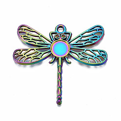 Rainbow Color Rainbow Color Alloy Pendant Cabochon Settings, Cadmium Free & Nickel Free & Lead Free, Dragonfly, Fit For 1.4mm Rhinestone, Tray: 8.5mm, 42x46x2.5mm, Hole: 2.5mm