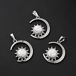 Howlite Synthetic Howlite Pendants, with Platinum Tone Brass Findings, Lead Free & Cadmium Free, Moon with Sun Charms, 29~30x23x7.5~8mm, Hole: 5x8mm