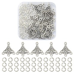 Antique Silver 20Pcs Tibetan Style Alloy Chandelier Component Links, Fan with Flower, with 100Pcs Jump Rings, Antique Silver, Link: 20x18.5x1.5mm, Hole: 1.2mm, Jump Ring: 4x0.8mm