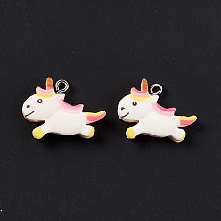 Colorful Opaque Resin Unicorn Pendants, with Platinum Tone Iron Loops, Colorful, 18x23x5.5mm, Hole: 2mm
