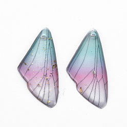 Turquoise Transparent Resin Pendants, with Gold Foil, Insects Wing, Turquoise, 24.5x11.5x2mm, Hole: 1mm