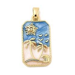 Синий Латунь эмаль подвески, прямоугольник с деревом и солнцем, стойки покрытие, долговечный, без кадмия и без свинца, золотые, синие, 28.5x15.5x3 мм, отверстие : 3.5x6 мм