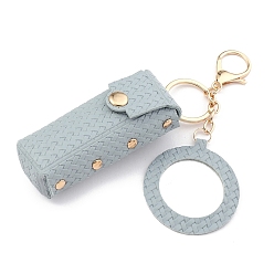 Light Blue PU Leather Lipstick Storage Bags, Portable Lip Balm Organizer Holder for Women Ladies, with Light Gold Tone Alloy Keychain and Mirror, Light Blue, 15x3.7cm