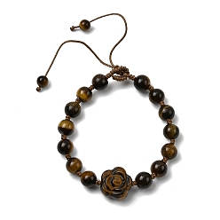 Тигровый глаз Регулируемые плетеные браслеты из натуральных бусин тигрового глаза для женщин, роза, внутренний диаметр: 2-1/4~2-1/2 дюйм (5.8~6.5 см)