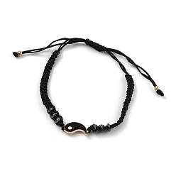 Golden Adjustable Nylon Cord Braided Bead Bracelet, with Alloy Enamel Gossip/Yin Yang Links and Synthetic Hematite Spacer Beads, Black, Golden, Inner Diameter: 1-3/4~3-1/8 inch(4.5~8cm)