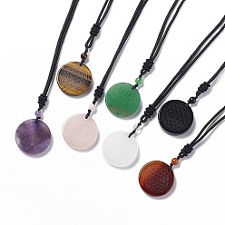 Mixed Stone Natural Gemstone Flat Round with Flower of Life Pendant Necklace with Nylon Cord for Women, 25.59~27.95 inch(65~71cm)