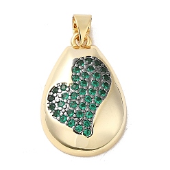Dark Green Rack Plating Brass Micro Pave Cubic Zirconia Pendants, Cadmium Free & Lead Free, Long-Lasting Plated, Real 18K Gold Plated, Teardrop with Heart, Dark Green, 23x15x5mm, Hole: 5x3.5mm
