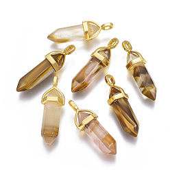 Tigerskin Glass Tigerskin Glass Double Terminated Pointed Pendants, Dyed, with Random Alloy Pendant Hexagon Bead Cap Bails, Bullet, Golden, 37~40x12.5x10mm, Hole: 3x4.5mm