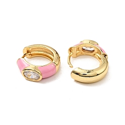 Pink Clear Cubic Zirconia Oval Thick Hoop Earrings with Enamel, Real 18K Gold Plated Brass Jewelry for Women, Pink, 15x16x5mm, Pin: 0.8mm