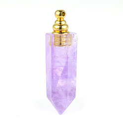 Amethyst Natural Amethyst Openable Perfume Bottle Pendants, Faceted Pointed Bullet Perfume Bottle Charms with Golden Plated Metal Cap, 44x12mm