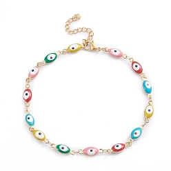 Golden 304 Stainless Steel Anklets, with Enamel and Lobster Claw Clasps, Evil Eye, Colorful, Golden, 10-1/4 inch(26cm)