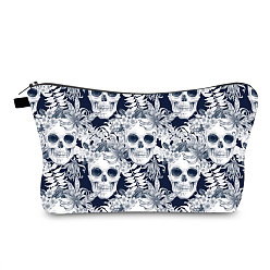 White Halloween Skull Pattern Polyester Waterpoof Makeup Storage Bag, Multi-functional Travel Toilet Bag, Clutch Bag with Zipper for Women, White, 22x18x13.5cm