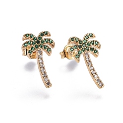 Colorful Brass Micro Pave Cubic Zirconia Stud Earrings, Coconut Tree, Golden, Colorful, 15.5x9.2x1.8mm, Pin: 0.7mm