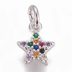 Platinum Brass Micro Pave Cubic Zirconia Charms, Star, Colorful, Platinum, 8.5x7x2mm, Hole: 3mm