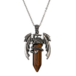 CN000509 Tiger Eye Stainless Steel Chain Медный кулон в форме дракона с натуральным хрустальным камнем на колье из нержавеющей стали
