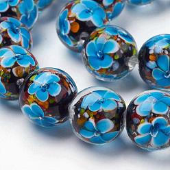 Dodger Blue Handmade Inner Flower Lampwork Beads Strands, Round, Dodger Blue, 14mm, Hole: 2mm, 25pcs/strand, 12.99 inch