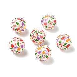 Coloré Perles de silicone à fleurs, rond avec motif tulipe et nœud papillon, colorées, 15mm, Trou: 3mm