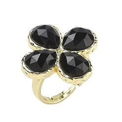 Обсидиан Регулируемые кольца на палец из натурального обсидиана с гранями для женщин, клевер, латунные кольца для обшивки стойки, золотые, 17 мм