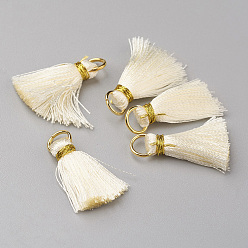 Beige Nylon Tassel Pendant Decoration, with Brass Findings, Golden, Beige, 23~27x5mm, Hole: 4mm