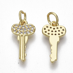Real 16K Gold Plated Brass Micro Pave Cubic Zirconia Pendants, with Jump Rings, Nickel Free, Key, Clear, Real 16K Gold Plated, 15x8x1.5mm, Hole: 3mm