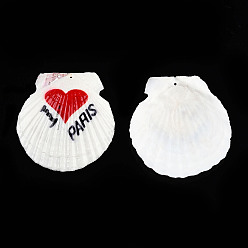 Heart Printed Natural Freshwater Shell Big Pendants, Shell Charm, Red, Heart Pattern, 55~75x52~70x6~8mm, Hole: 1.4mm