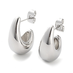 Platinum Brass Teardrop Stud Earrings, Half Hoop Earrings for Women, Platinum, 14x9.5mm