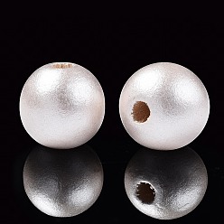 Creamy White Painted Natural Wood European Beads, Pearlized, Large Hole Beads, Round, Creamy White, 16x14.5mm, Hole: 4mm