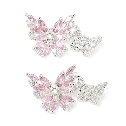 Платина Латунные микро проложить кубического циркония подвески, очарование бабочки, розовые и ясные, платина, 12x22x3 мм, отверстие : 1.4 мм