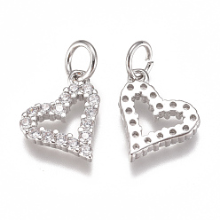 Platinum Brass Micro Pave Cubic Zirconia Charms, with Jump Ring, Long-Lasting Plated, Heart, Clear, Real Platinum Plated, 10x10x2mm, Hole: 3mm