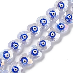 Blue Transparent Evil Eye Glass Beads Strands, with Enamel, Faceted, Heart, Blue, 10x10x6~7.5mm, Hole: 1.2mm, about 40pcs/strand, 14.25''(36.2cm)
