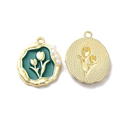 Green Alloy Enamel Pandants, with ABS Plastic Imitation Pearl, Lead Free & Cadmium Free, Light Gold, Oval with Flower, Teal, 23.5x19x4.5mm, Hole: 1.8mm
