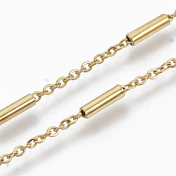 Golden 304 Stainless Steel Cable Chains, with Steel Column Beads, Soldered, Flat Oval, Golden, 2x1.6x0.3mm, about 39.37 inch(1m)/strand