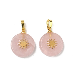 Розовый Кварц Природного розового кварца подвески, плоские круглые подвески золотистого оттенка 304 солнечные ломтики из нержавеющей стали и латунные застежки-кнопки, 19~20.5x16~16.3x3.5~4.2 мм, отверстие : 6x3 мм