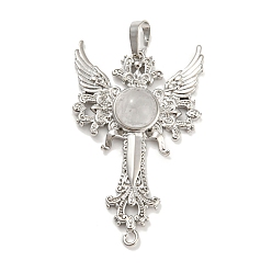 Quartz Crystal Natural Quartz Crystal Big Pendants, Rock Crystal, Cross with Wing Charms, with Platinum Plated Brass Findings, 52.5x32x7~7.5mm, Hole: 4x8mm & 2mm