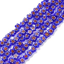 Medium Blue Handmade Millefiori Glass Bead Strands, Flower, Medium Blue, 5.5~8x2.5mm, Hole: 1mm, about 64~67pcs/strand, 15.75 inch~16.34 inch(40~41.5cm)