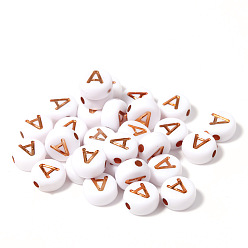 Letter A 100шт. покрытие непрозрачными белыми акриловыми бусинами, металл с розовым золотом, инкрустированный, плоские круглые с буквы, буква a, 7x4 мм, отверстие : 1.4 мм