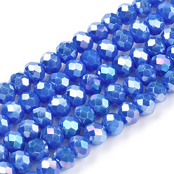 Blue Electroplate Glass Beads Strands, Opaque Solid Color, AB Color Plated, Faceted, Rondelle, Blue, 4x3mm, Hole: 0.4mm, about 123~127pcs/strand, 16.5~16.9 inch(42~43cm)