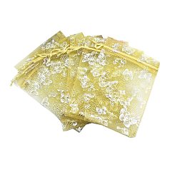 Light Khaki Rectangle Printed Organza Drawstring Bags, Silver Stamping Butterfly Pattern, Light Khaki, 12x10cm
