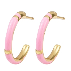 Pink С-образные серьги-гвоздики из латуни с эмалью, без кадмия и без свинца, стойки покрытие, долговечный, реальный 18 k позолоченный, розовые, 18.5x2.5 мм