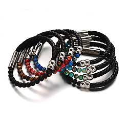 Mixed Stone Leather Cord Bracelets, with Gemstone Beads & 304 Stainless Steel Magnetic Clasps, Natural & Synthetic Mixed Stone, 51x63mm