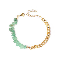 Green Aventurine Natural Green Aventurine Beaded Bracelets, with Stainless Steel Chains, 6-3/4 inch(17cm)