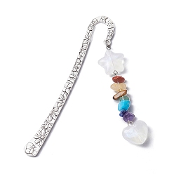 Colorful Chakra Gemstone Chip Beaded Pendant Bookmark with Glitter Acrylic Star & Heart, Flower Pattern Tibetan Style Alloy Hook Bookmarks, Colorful, 124x21x2.5mm