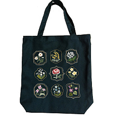 Colorful DIY Flower Pattern Black Canvas Tote Bag Embroidery Kit, including Embroidery Needles & Thread, Cotton Fabric, Plastic Embroidery Hoop, Colorful, 390x340mm