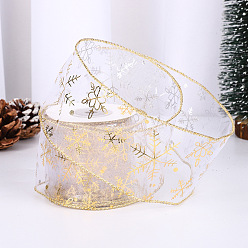 Gold 10 Yards Christmas Polyester Chiffon Ribbons, Hot Stamping Snowflake Lace Ribbon, for Gift Decoration, Bowknot Making, Gold, 50mm