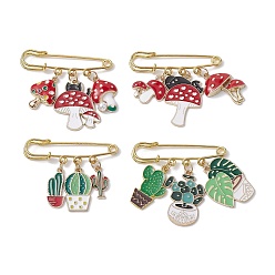 Mixed Color 4Pcs 4 Styles Mushroom Cactus Enamel Charms Brooch, Alloy Safety Kilt Pin Brooch, Mixed Color, 50x12x5mm, 1pc/style