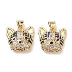 Dark Blue Brass Micro Pave Cubic Zirconia Pendants, Real 16K Gold Plated, Dog Charms, Dark Blue, 16x17x6.5mm, Hole: 5x3mm.