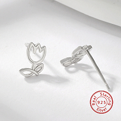 Silver Sterling Silver Stud Earrings, Tulip Flower Earrings for Women, Silver, 8x5mm